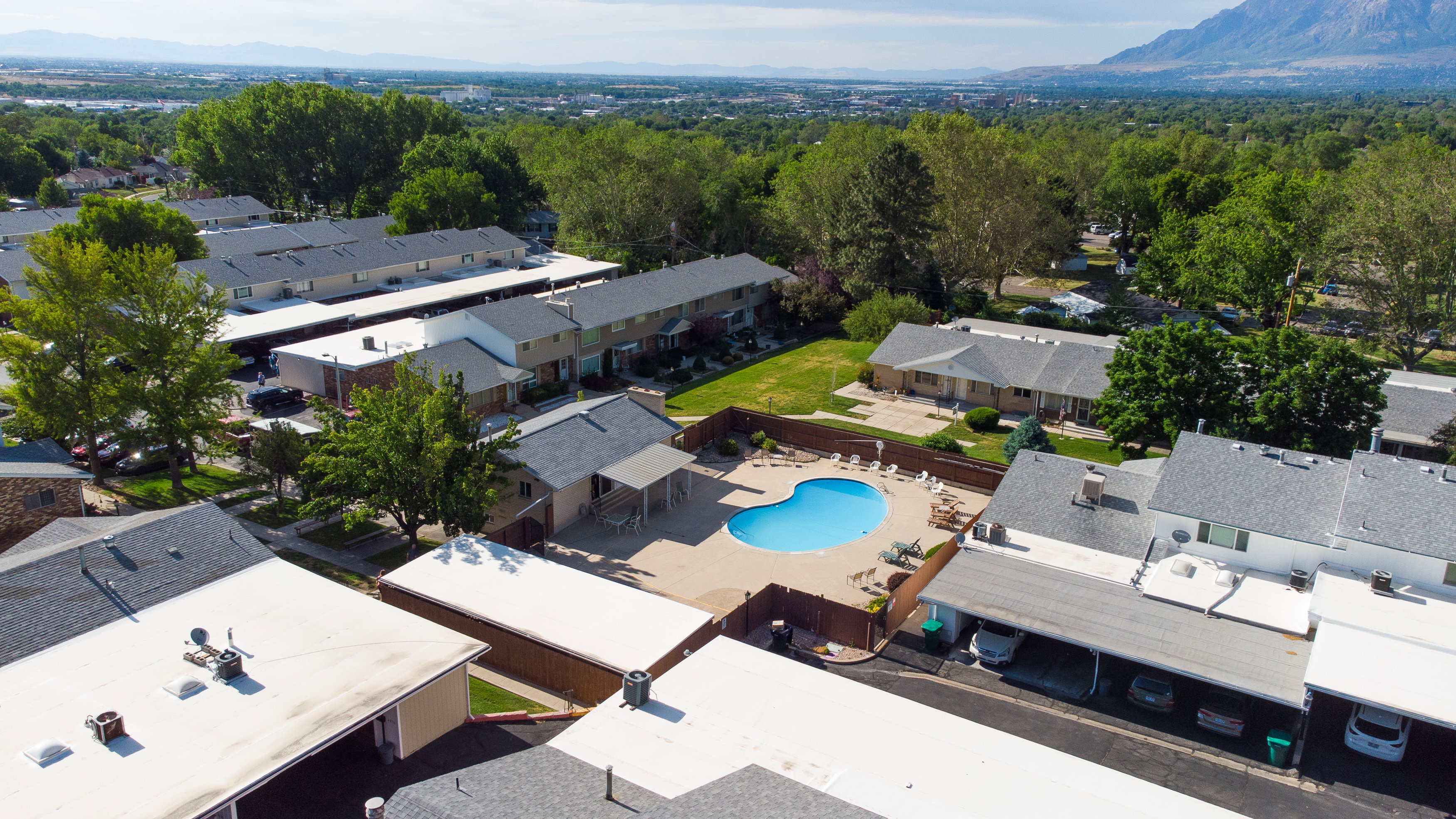 Community pool with surrounding patio space, bordered by mature trees and residential structures