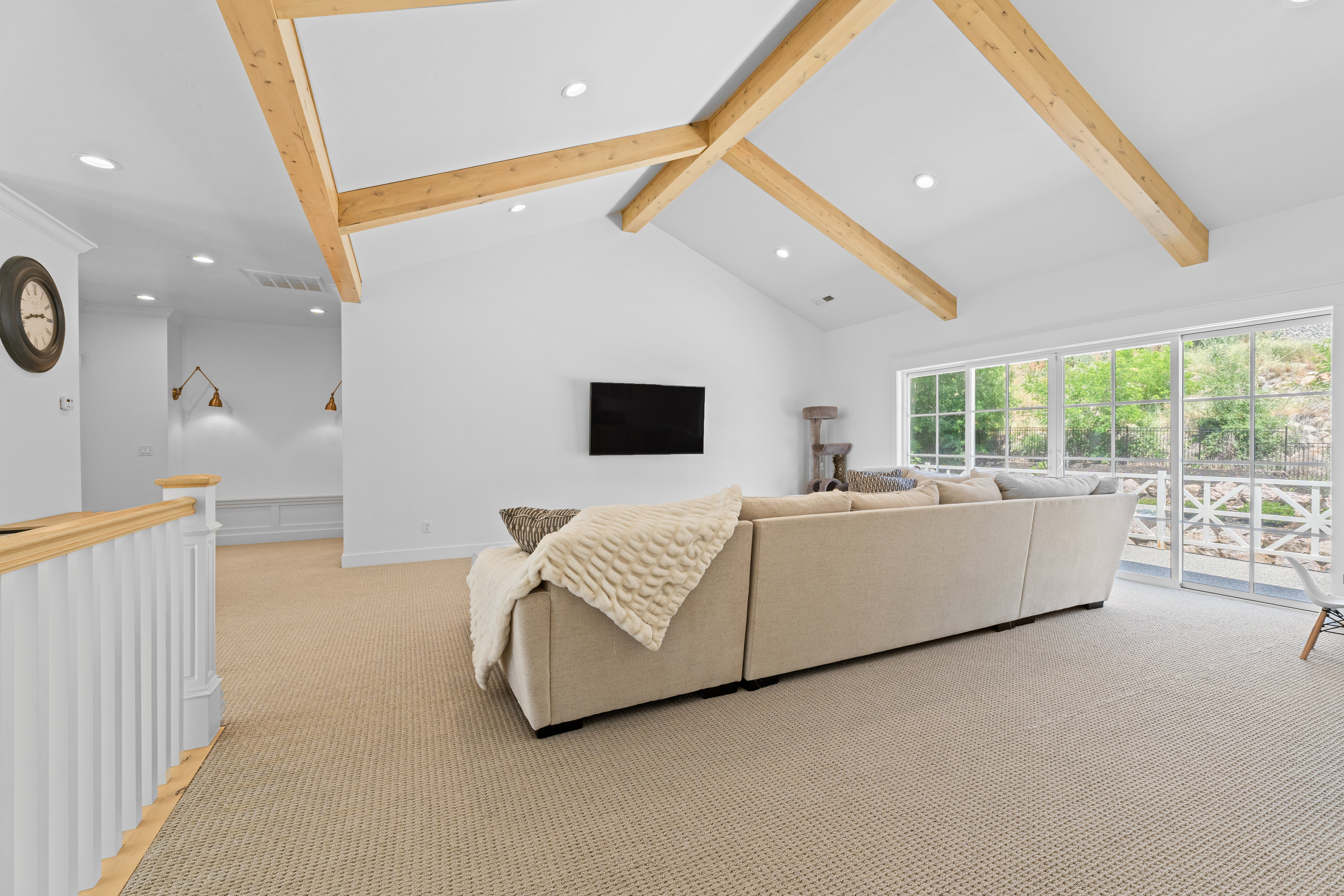 Vaulted ceiling with exposed wood beams