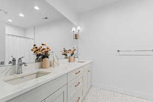 Dual vanity with stone-finish countertop and undermount sinks