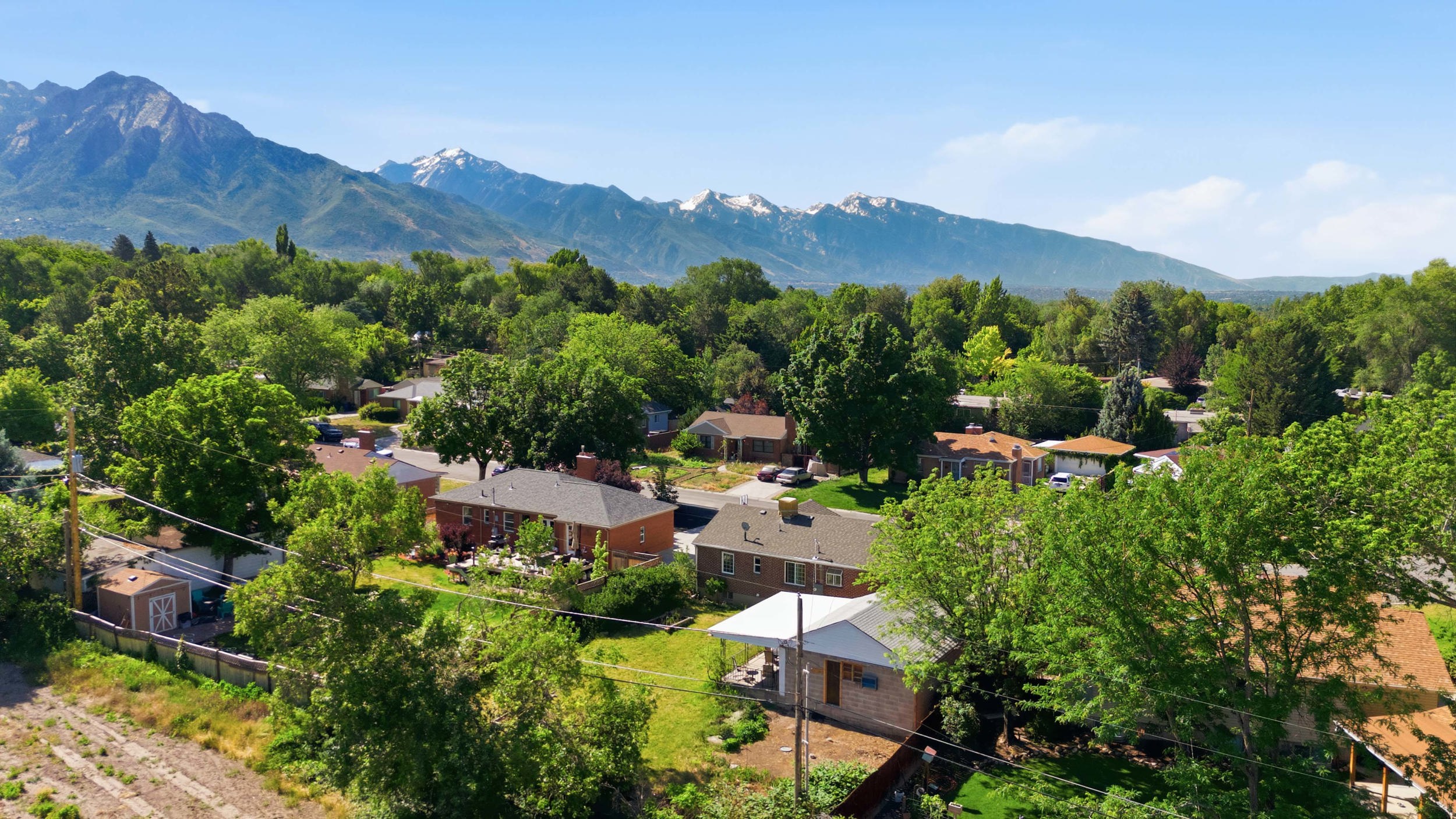 Expansive neighborhood featuring mature trees, residential homes, and distant mountain ranges with snow-capped peaks