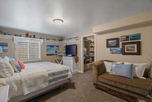 Carpeted room featuring a window with white louvered shutters, a built-in shelf system spanning multiple walls, a recessed ceiling light fixture, and an open doorway revealing a closet with shelving