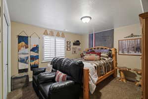 Carpeted room featuring a window with plantation shutters