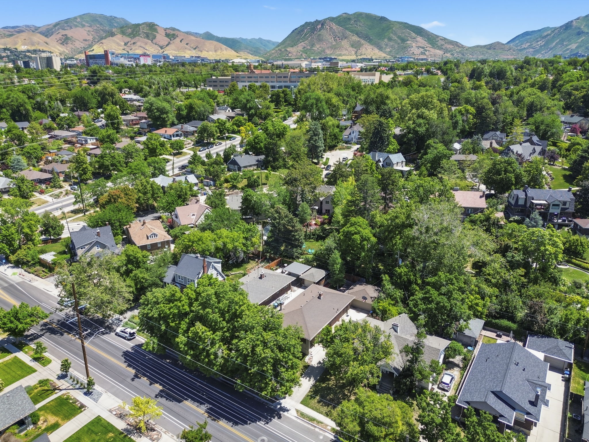 Expansive aerial perspective showcasing a residential neighborhood with varied architectural styles under a clear sky
