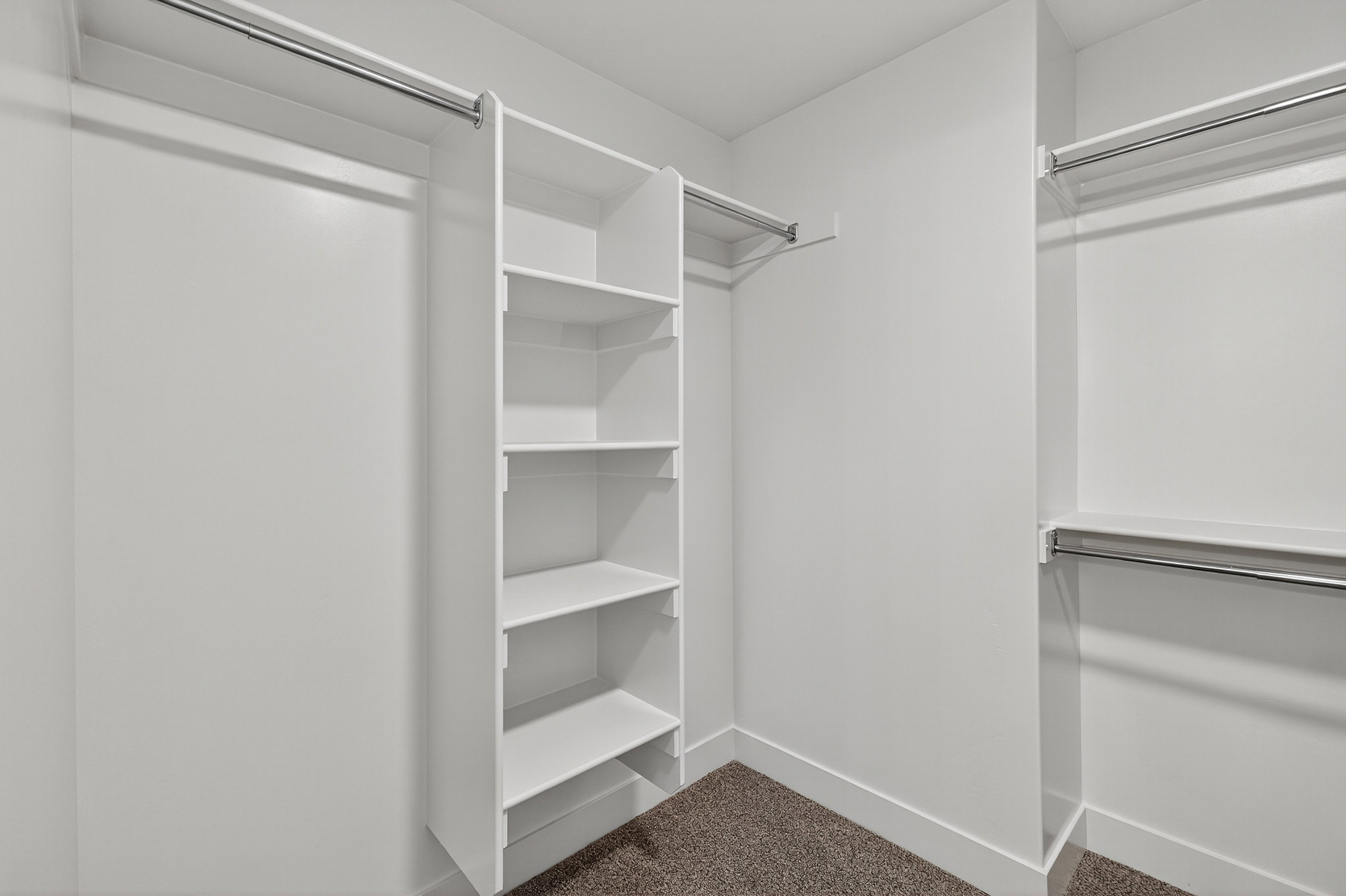 Walk-in closet featuring white built-in shelving, multiple hanging rods, and carpet flooring