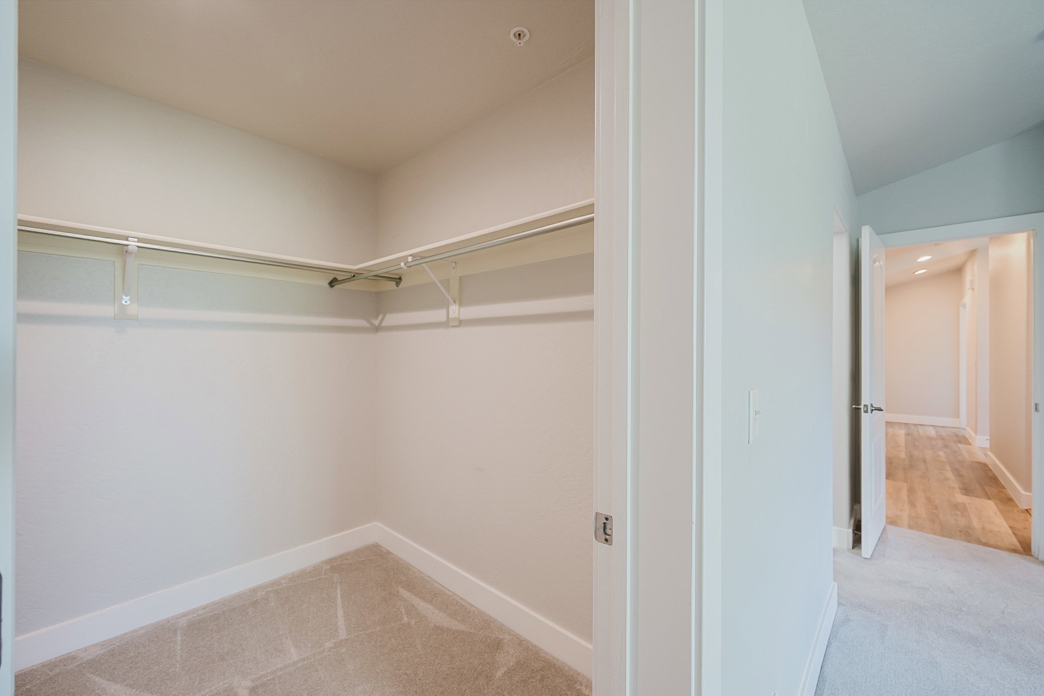 Walk-in closet featuring light-toned carpeting and built-in shelving and hanging rods