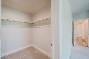Walk-in closet featuring light-toned carpeting and built-in shelving and hanging rods