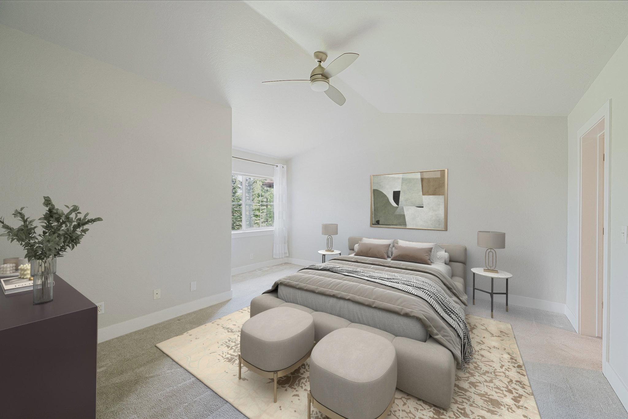 Carpeted bedroom featuring a ceiling fan, a window with exterior tree views, and white baseboards - Virtually staged