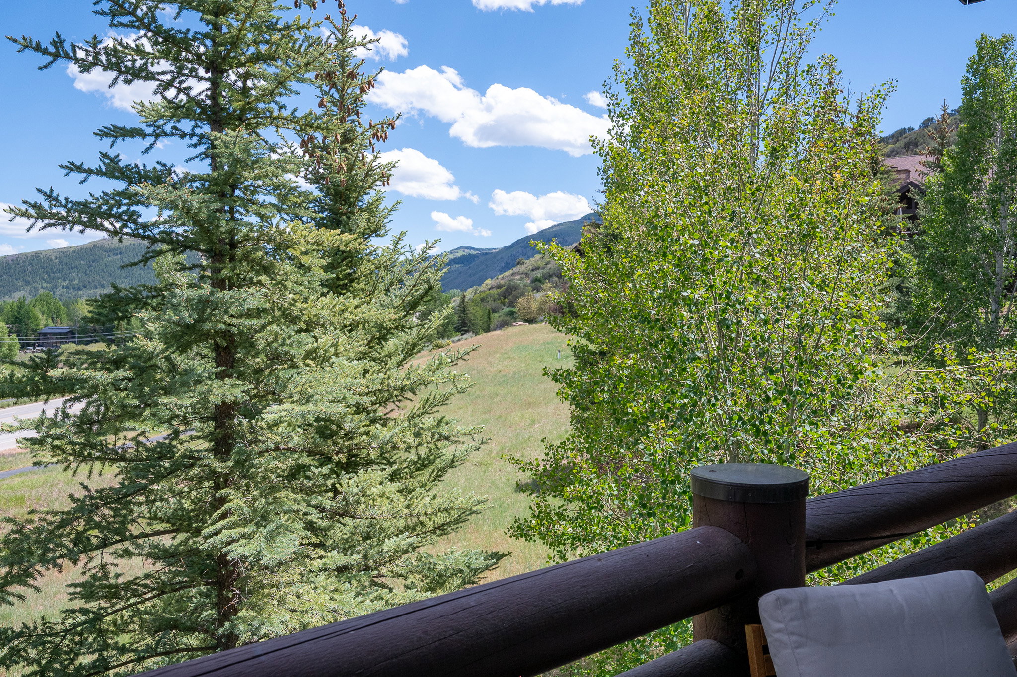 Expansive mountain landscape with a verdant valley and mature trees,