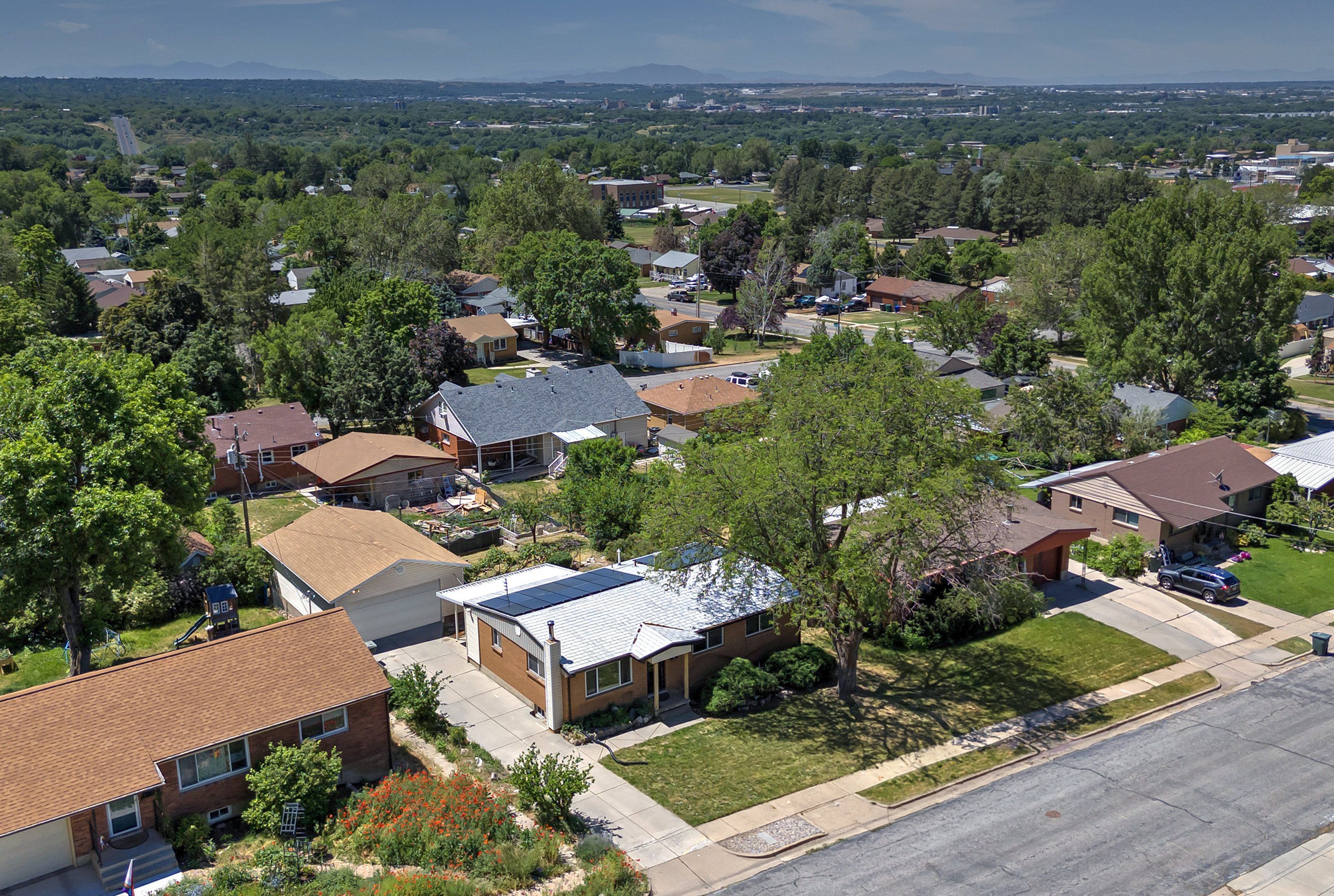 Aerial perspective showcasing a residential street with mature trees and established landscaping