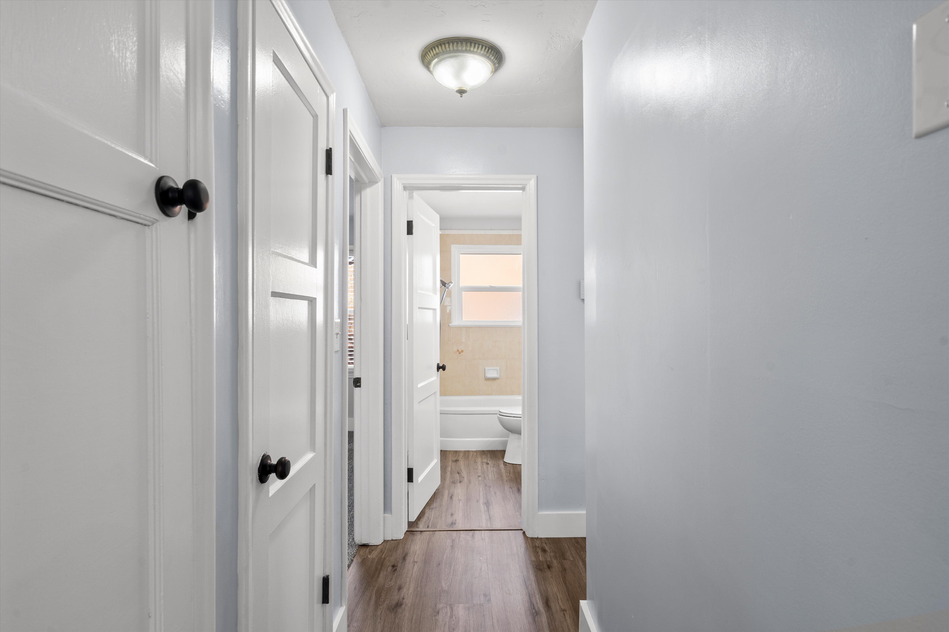Hallway featuring wood-finish flooring, white paneled doors with dark hardware, a flush-mount ceiling light, and light blue walls
