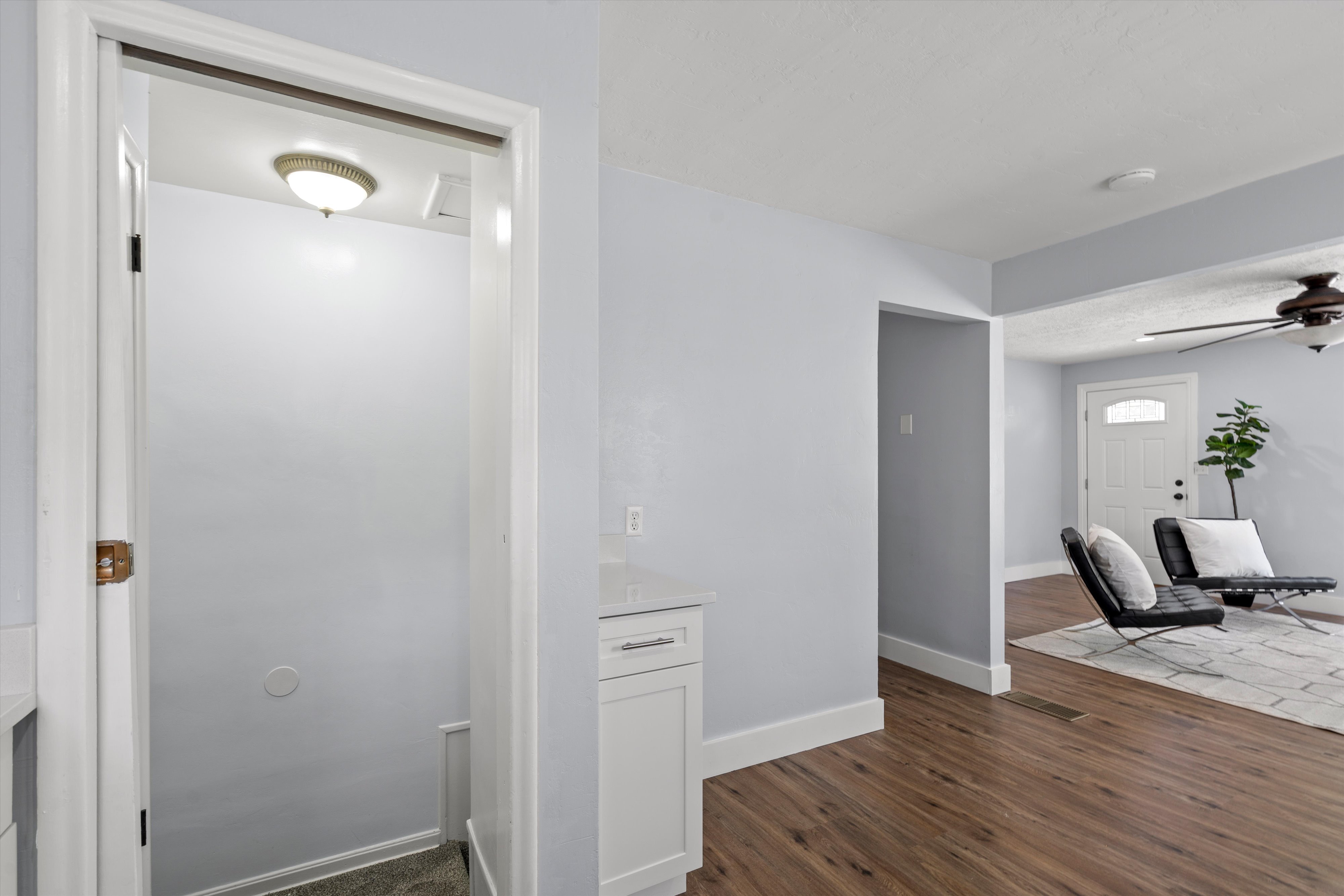 Interior features include light blue wall paint, white trim, wood-finish flooring, and an overhead light fixture