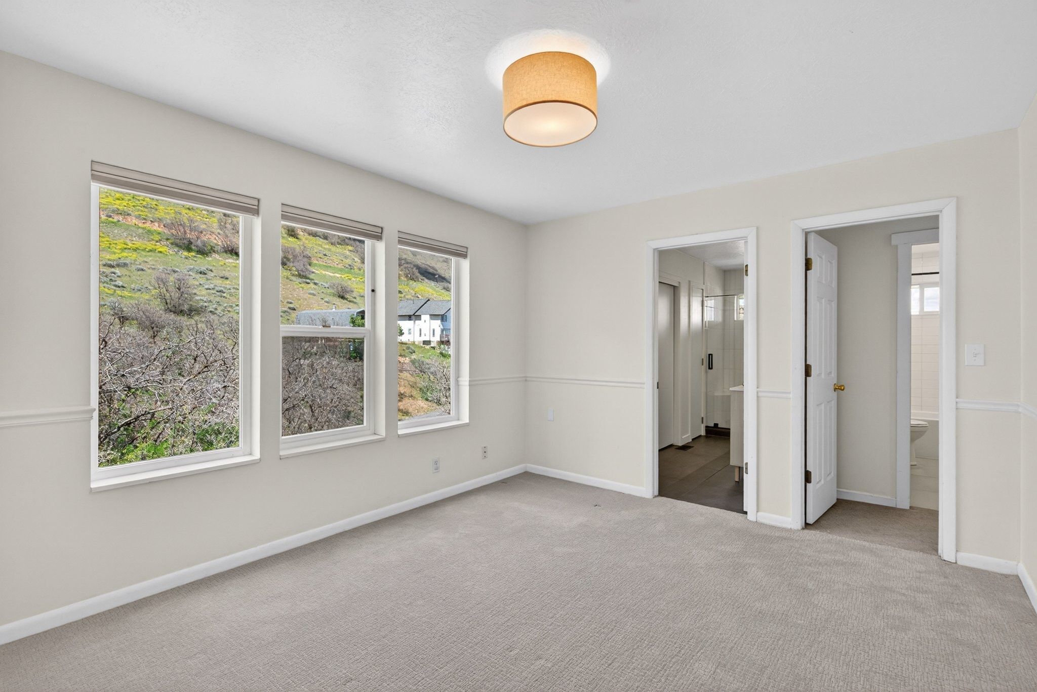 Room featuring light gray carpet, three large windows, and two doorways