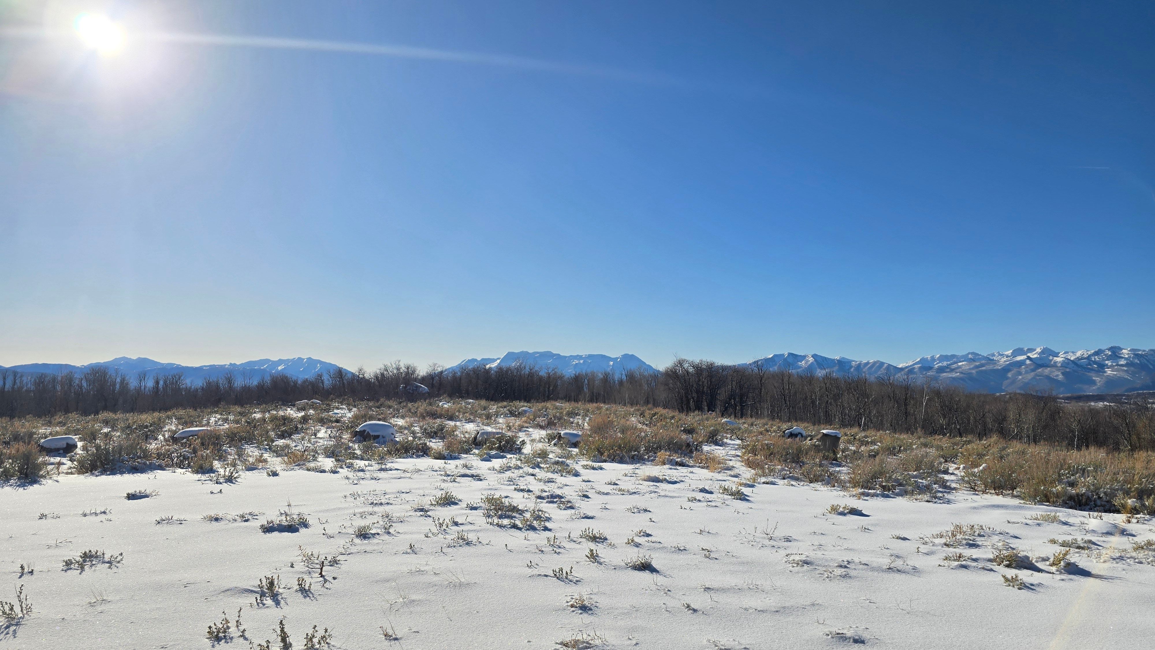 Expansive snow-covered terrain with distant mountains under a clear sky