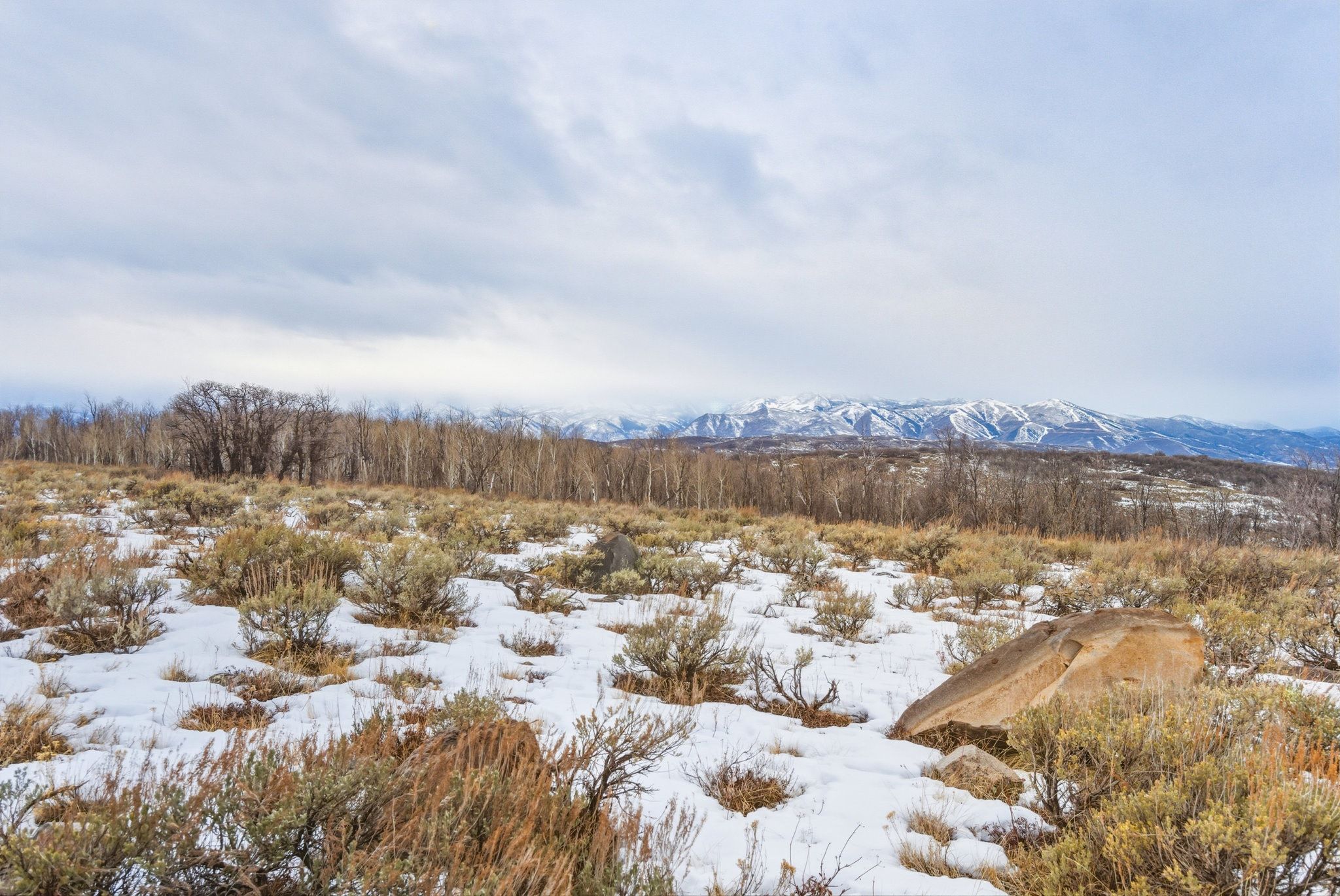 Expansive natural landscape featuring sagebrush and patches of snow