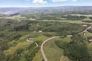 Expansive aerial landscape featuring a winding paved road, lush green forests, distant mountainous terrain, and scattered residential properties