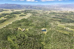 Expansive acreage featuring dense wooded areas, open clearings, and distant mountain ranges