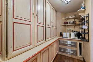 Custom cabinetry with red trim detailing