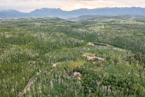 Expansive forested landscape featuring multiple structures, a winding paved road, and a calm body of water