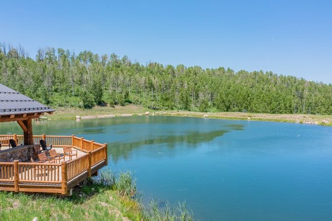 Wood-built lakeside gazebo with a metal roof and stone accents