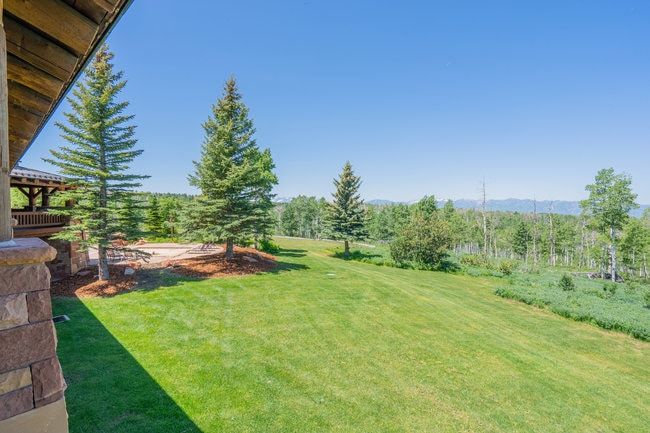 Expansive green lawn framed by mature trees, featuring a stone patio and natural wood deck