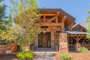 Stone and timber frame entry featuring a natural wood door with sidelights, decorative outdoor lighting, and a paved walkway