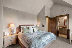 Vaulted ceilings and textured wall finishes define this room, featuring a wood-finish door and a visible en-suite bath with a wood-finish vanity