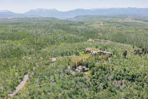 Aerial perspective showcasing a property surrounded by extensive natural landscaping and mature trees