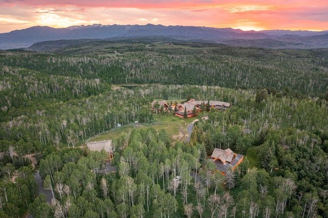 Expansive wooded property featuring multiple structures, a private drive, and distant mountain ranges