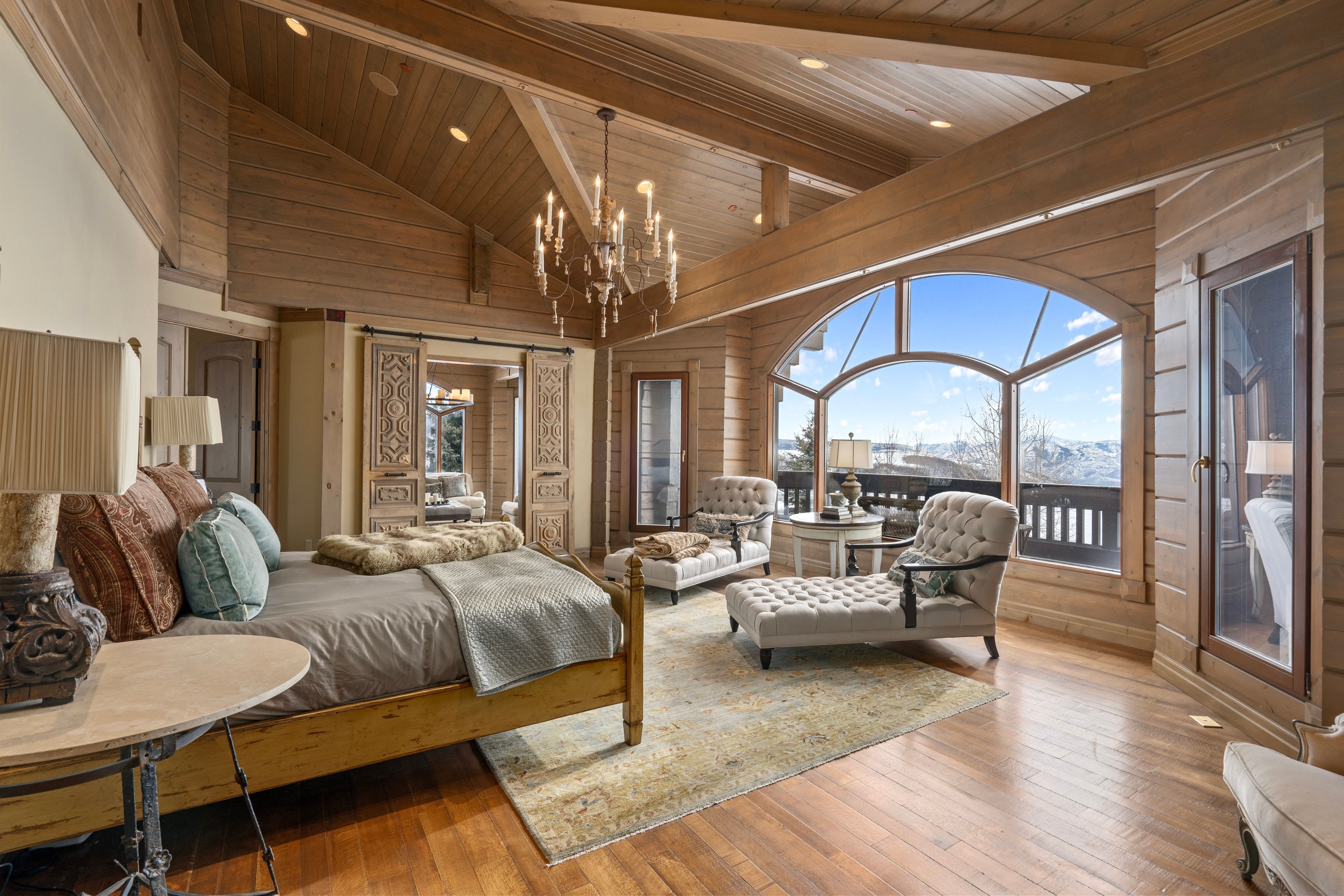 Vaulted wood-paneled ceiling with exposed beams