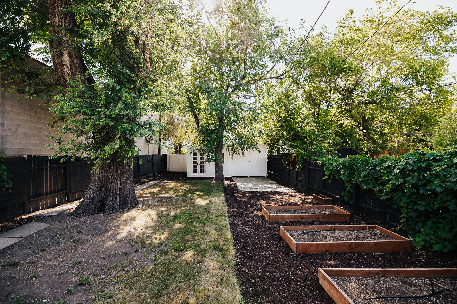 Private backyard featuring mature trees, a white storage shed, a paved area, dark fencing, and multiple raised garden beds