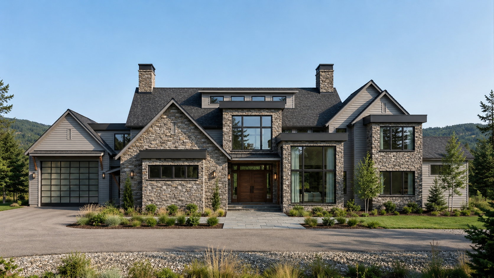 Contemporary stone and siding exterior featuring a multi-gable roofline, a full-view garage door, a prominent stone chimney, and large pane windows