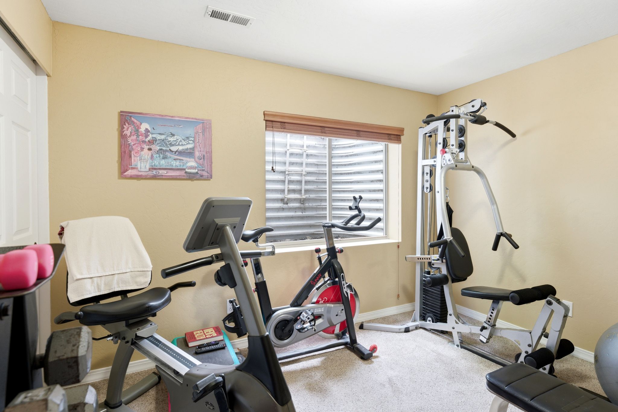 Versatile room featuring light-toned carpeting and a single window with blinds