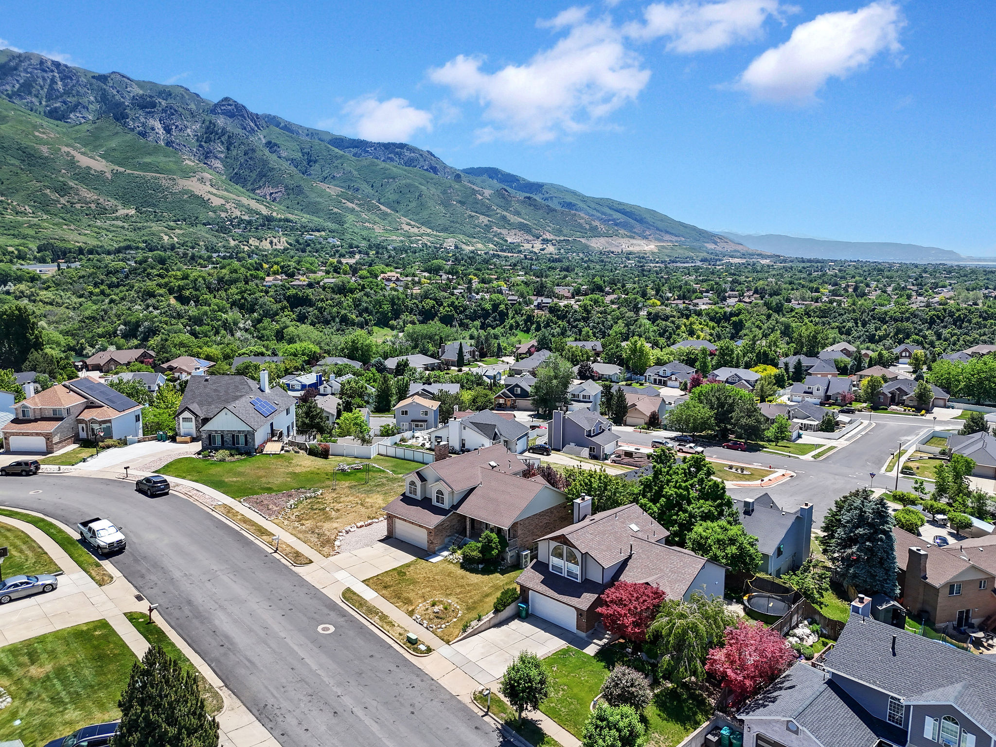 Expansive residential neighborhood featuring varied housing styles, mature trees, and mountainous terrain