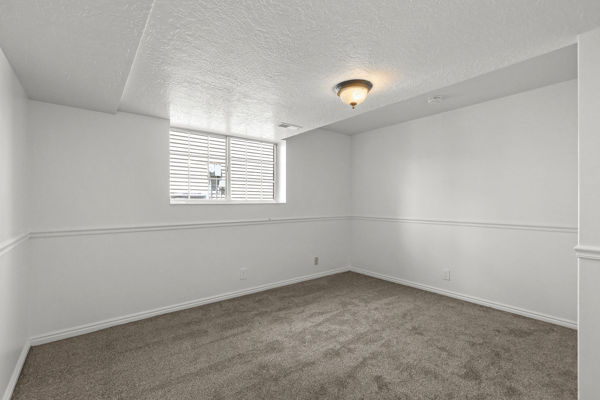Carpeted room featuring a window with horizontal blinds, white walls, white baseboards, a decorative chair rail, and a flush-mount ceiling light