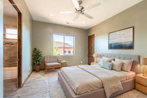 Spacious room with light-toned flooring, contemporary ceiling fan, and recessed lighting