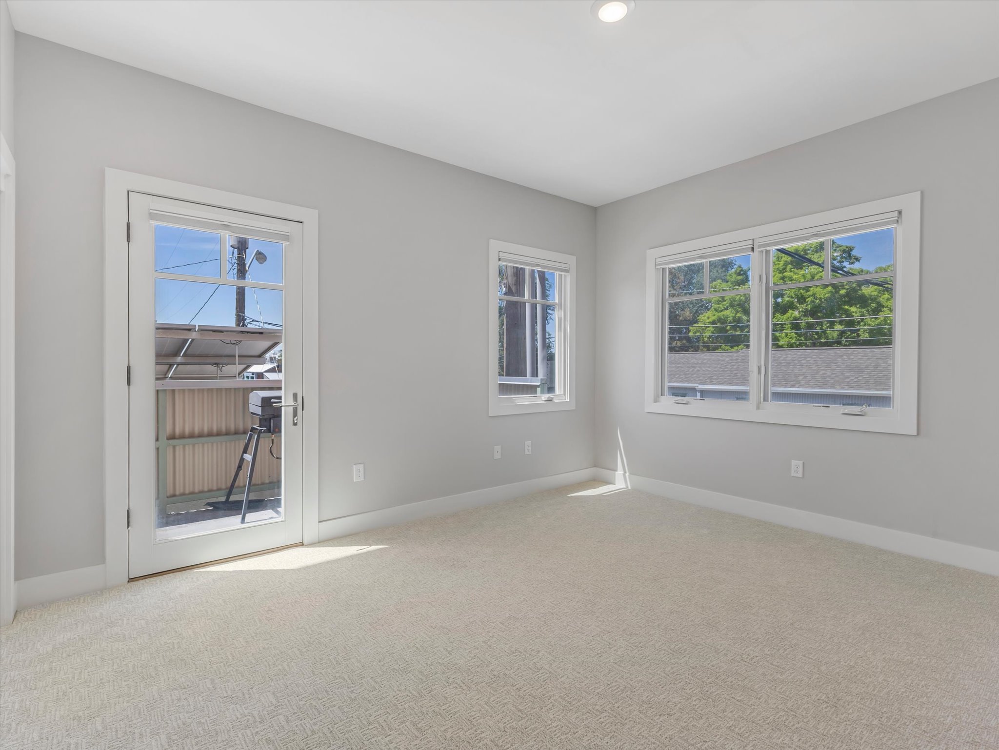 Carpeted room featuring multiple windows and a glass-paneled door
