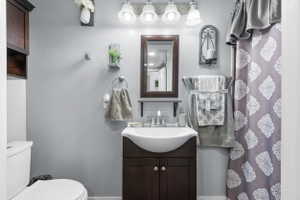Bathroom featuring a dark wood-finish vanity with a curved vessel sink, chrome faucet, and coordinating dark wood-finish medicine cabinet
