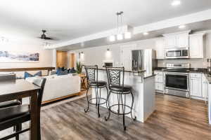 Open-concept kitchen and living area featuring wood-finish flooring