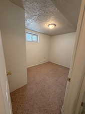 Compact room featuring neutral painted walls, textured ceiling, and a flush-mount ceiling light