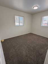 Neutral tone wall paint with brown carpeting, two windows, and a ceiling-mounted light fixture