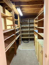 Basement storage area featuring extensive built-in shelving, exposed wood beam ceiling, concrete flooring, and a fluorescent overhead light fixture
