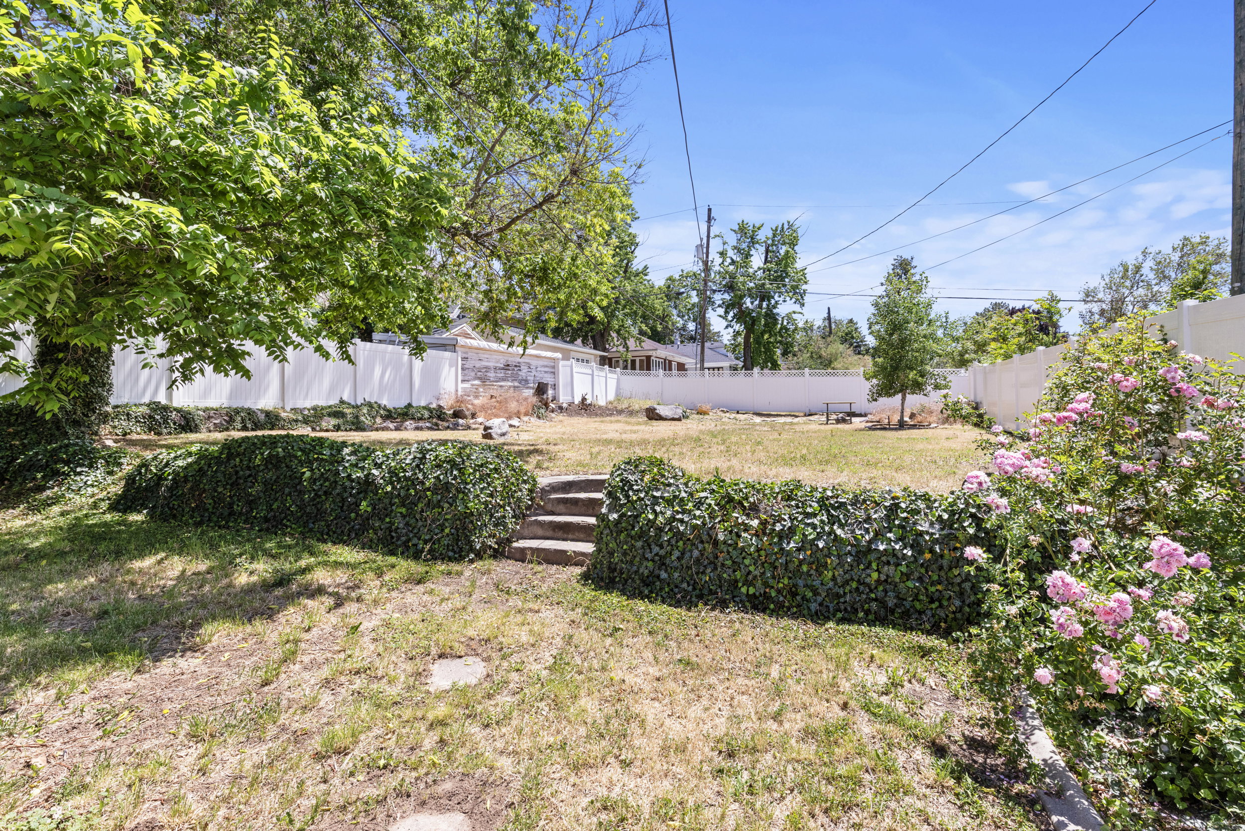Expansive backyard featuring a tiered design with concrete steps, a perimeter privacy fence, mature trees, and established rose bushes