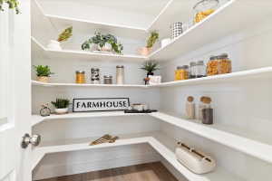 Walk-in pantry featuring extensive built-in shelving, white shiplap-style wall paneling, a white door with brushed nickel hardware, and wood-finish flooring