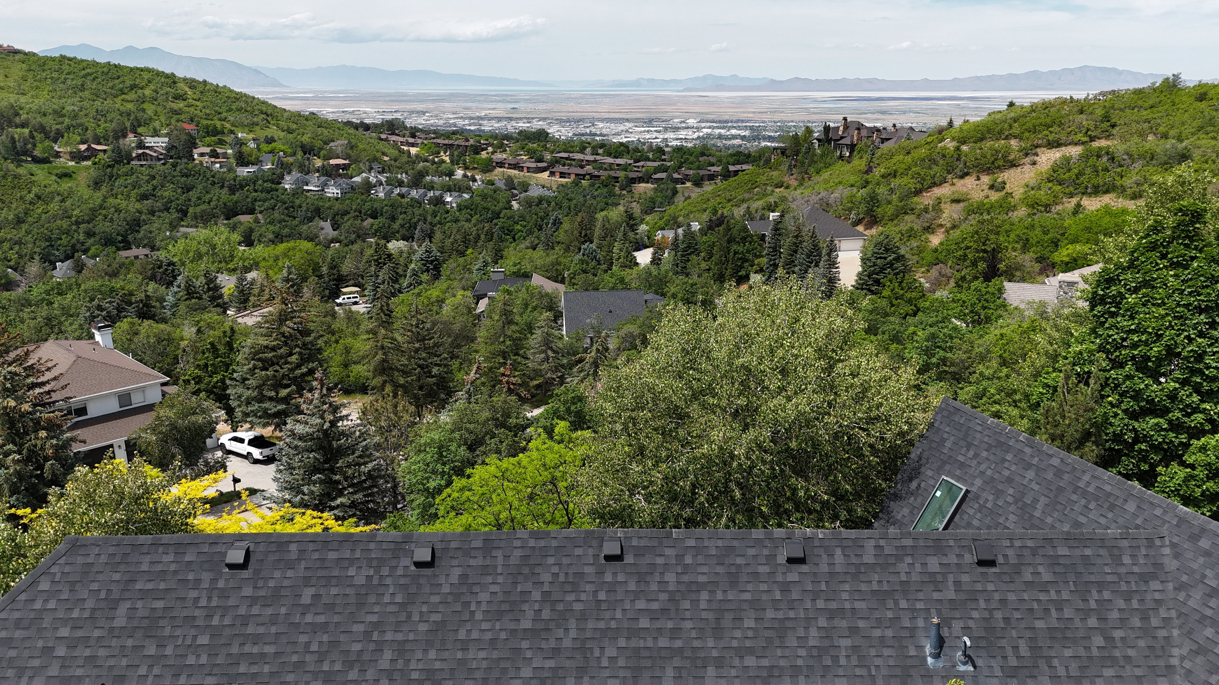 Asphalt shingle roof with skylight and surrounding verdant landscape