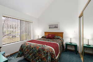 Vaulted ceilings highlight this room with a large window and mirrored closet doors
