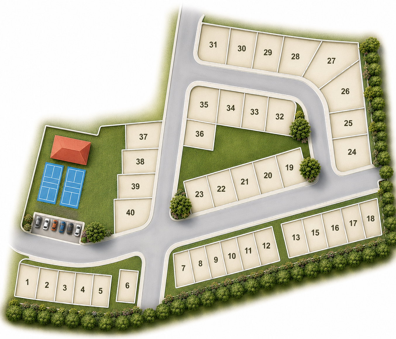Site Plan. Illustrating the numbered parcels and communal facilities within the development