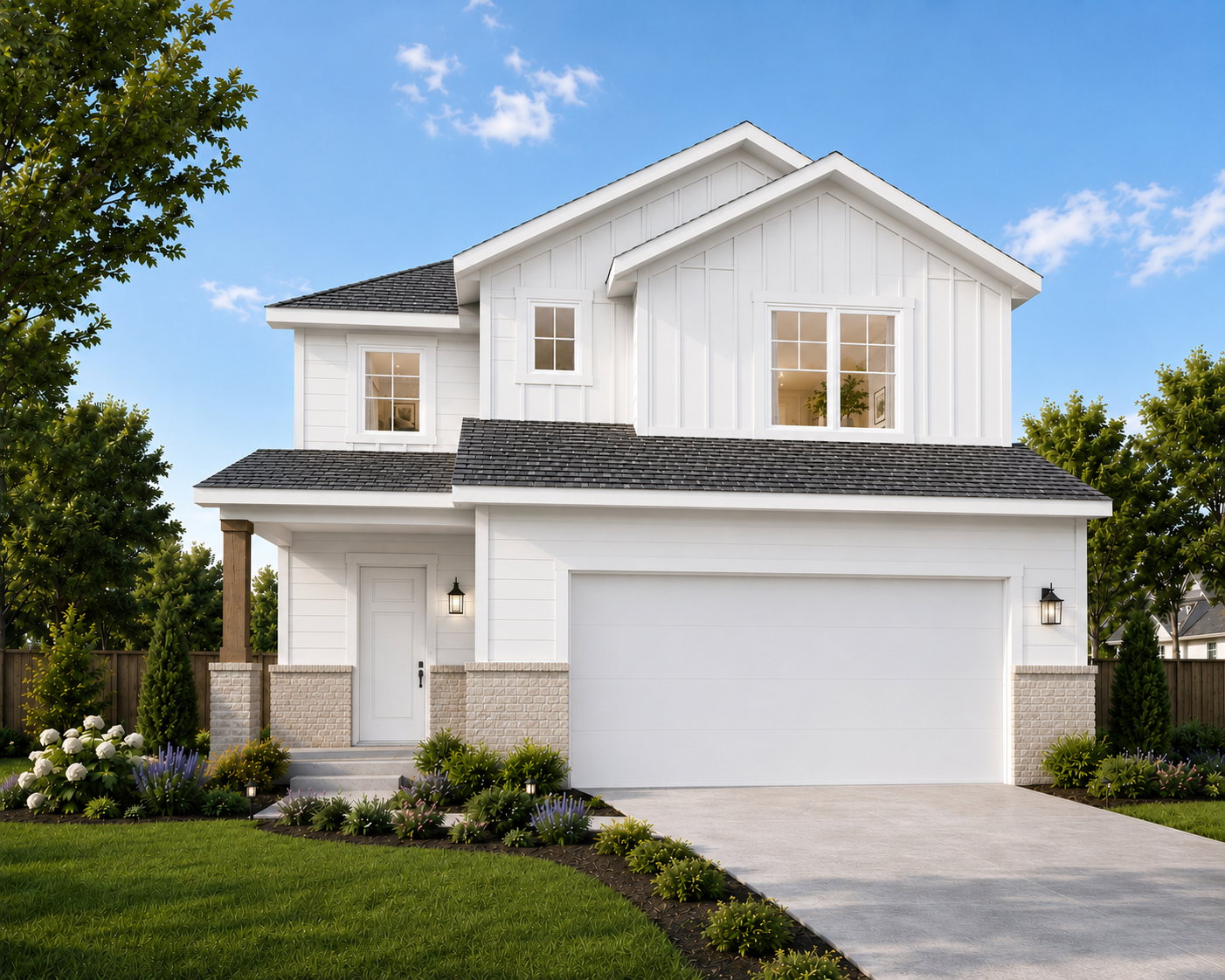 Contemporary two-story residence with white board and batten siding