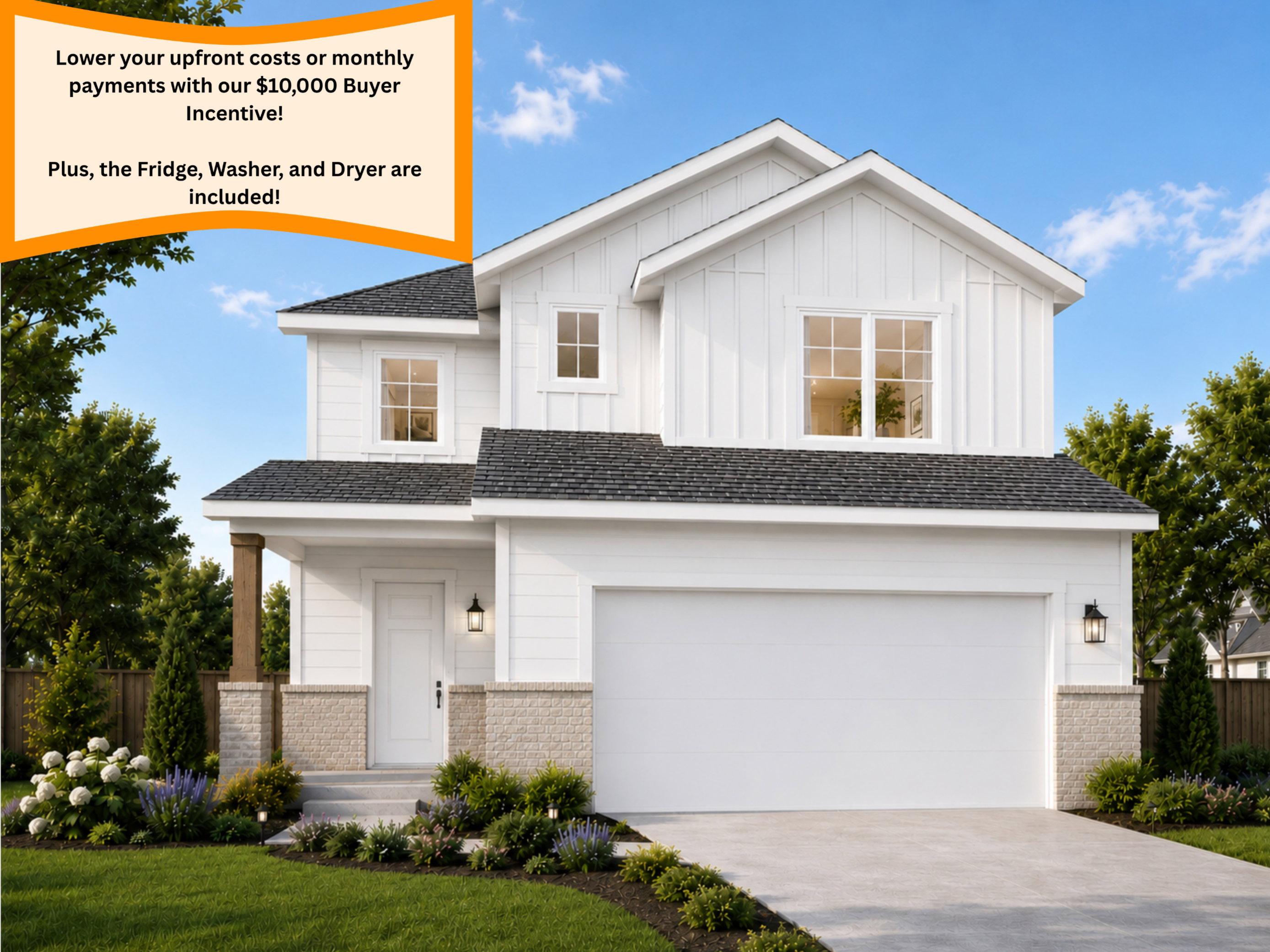 Two-story residence featuring white board and batten siding, a dark shingle roof, and a two-car garage