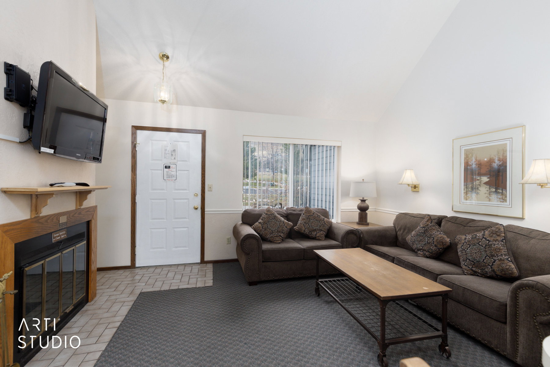 Vaulted ceilings complement the interior space