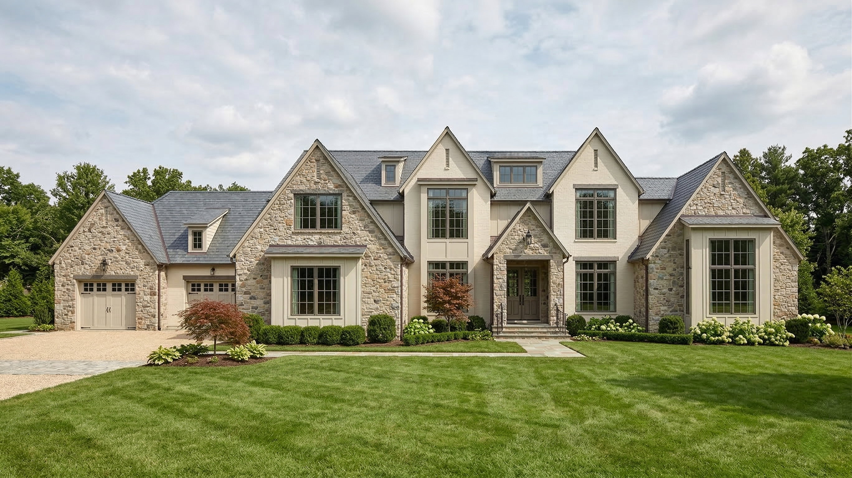 Stone and stucco exterior featuring multiple gables and a slate roof